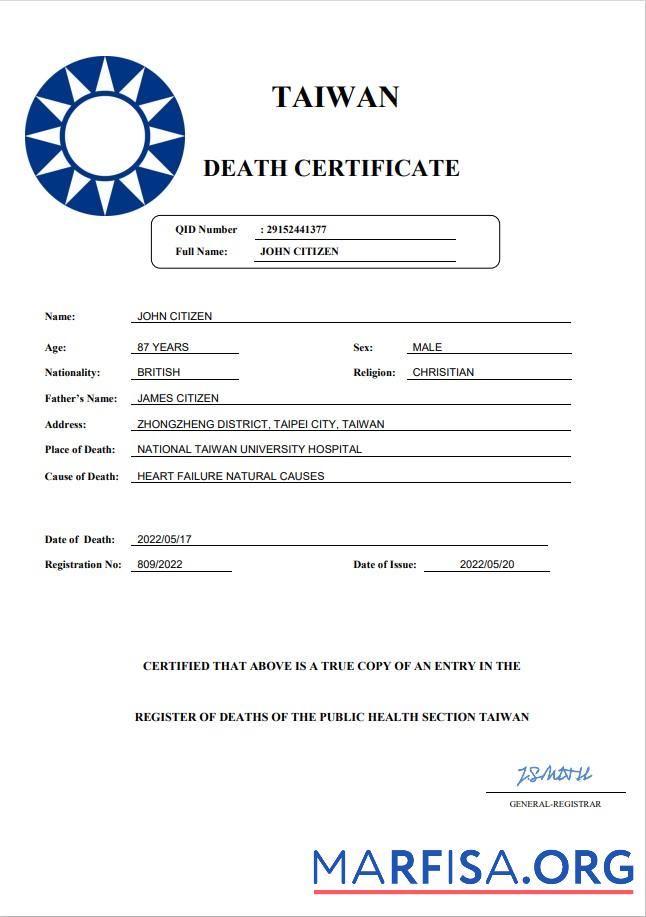 Downloadable Taiwan death certificate Word and PDF template
